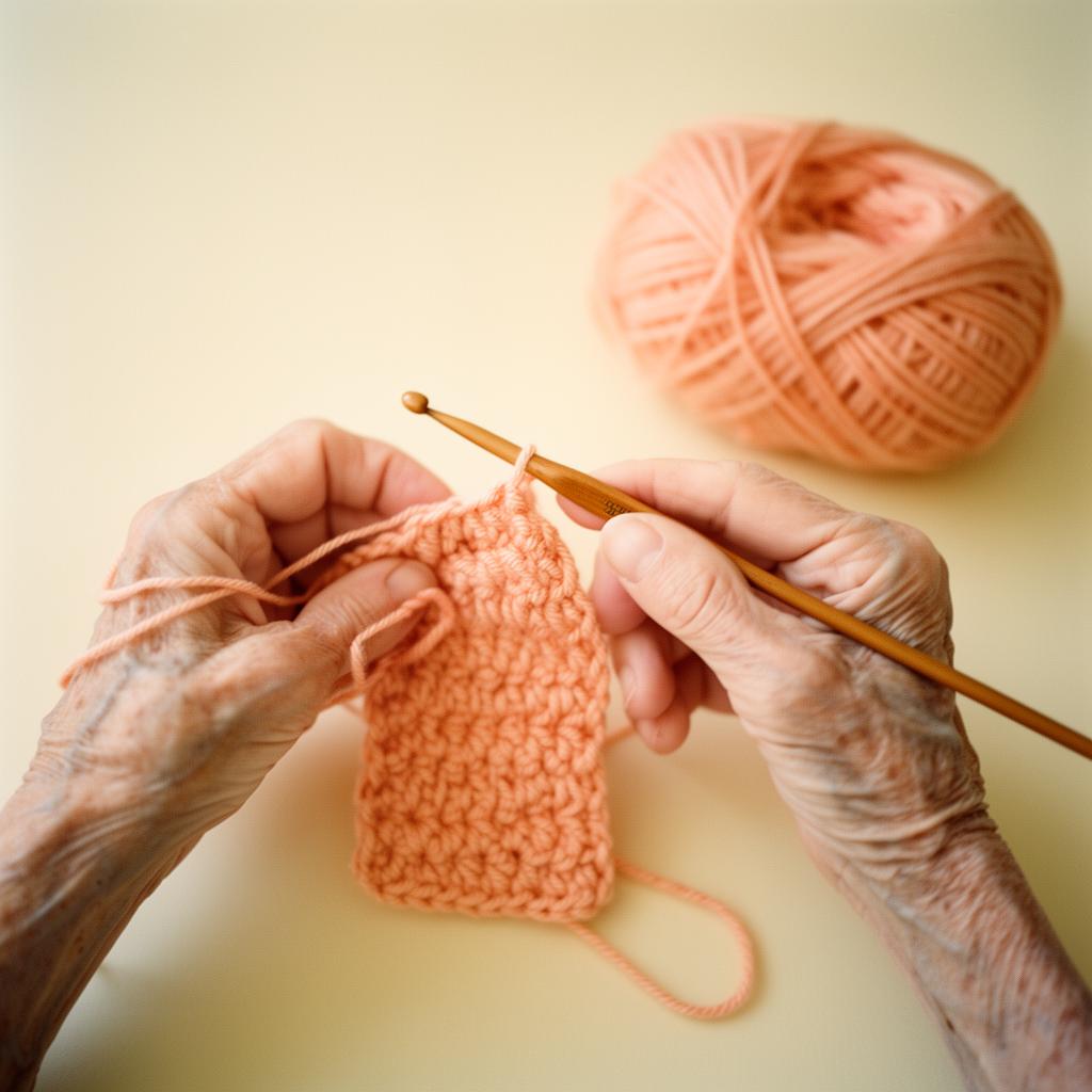 Mãos crochetando com fio peach